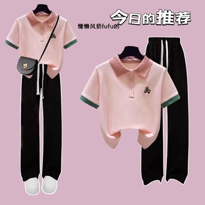 学院风套装女小个子穿搭拼色短袖