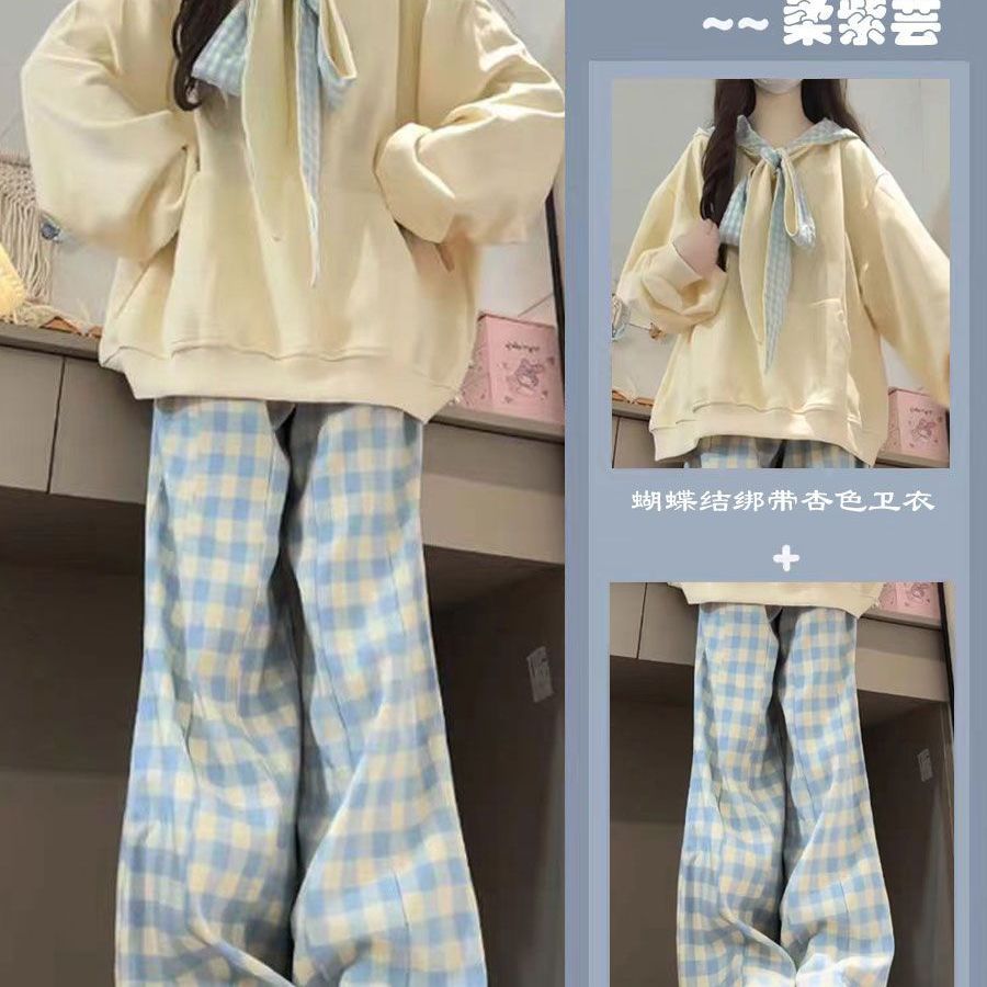 春秋冬季女生学院风格子裤绑带连帽卫衣宽松洋气百搭两件套装