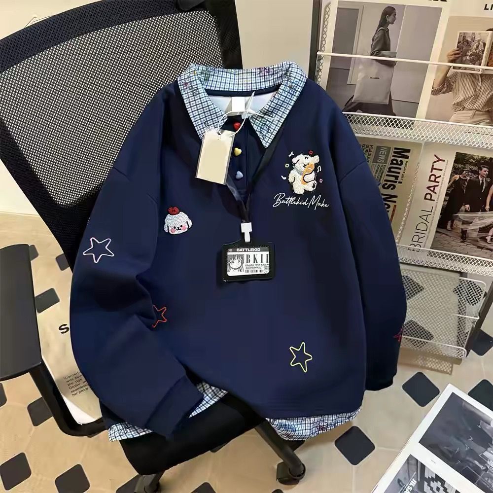 学院风小狗刺绣POLO领假两件卫衣女春秋宽松百搭上衣