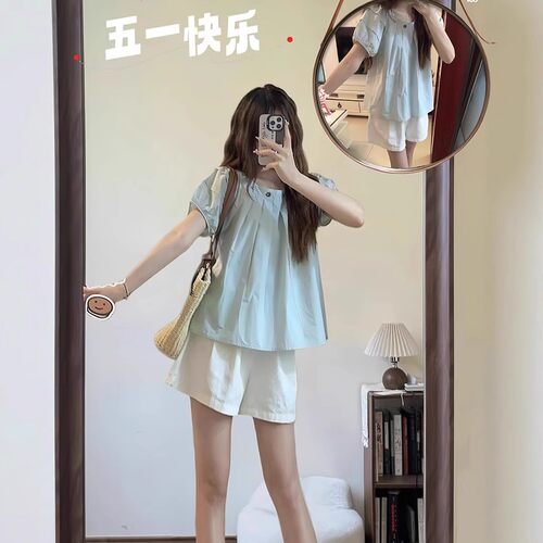大码微胖mm泡泡袖上衣短裤套装