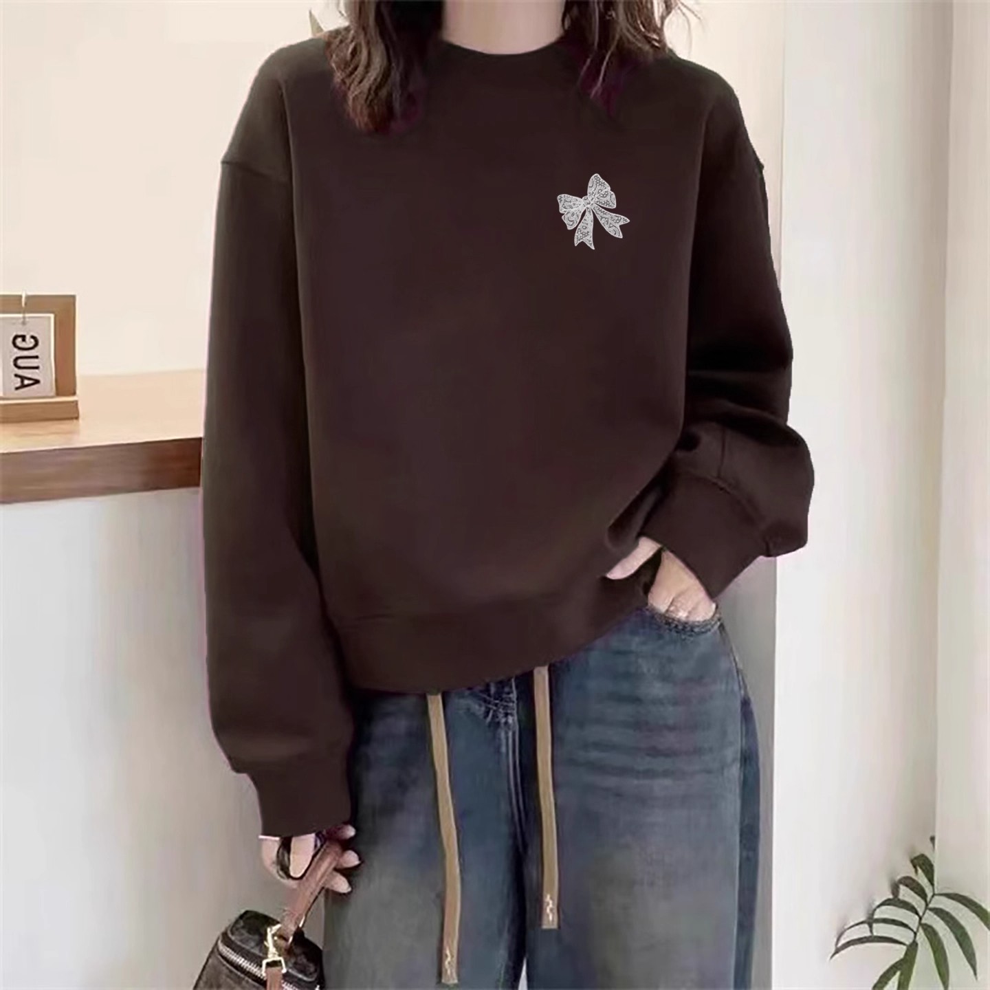 咖色圆领卫衣女春秋2025新款