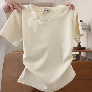 纯棉法式 T恤女夏设计感独特别致钉珠上衣ins 气质蝴蝶结正肩短袖