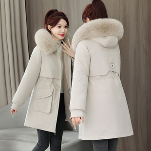 实拍跨境外贸羽绒棉服女冬新款派克服羊羔毛加绒内里棉衣毛领外套