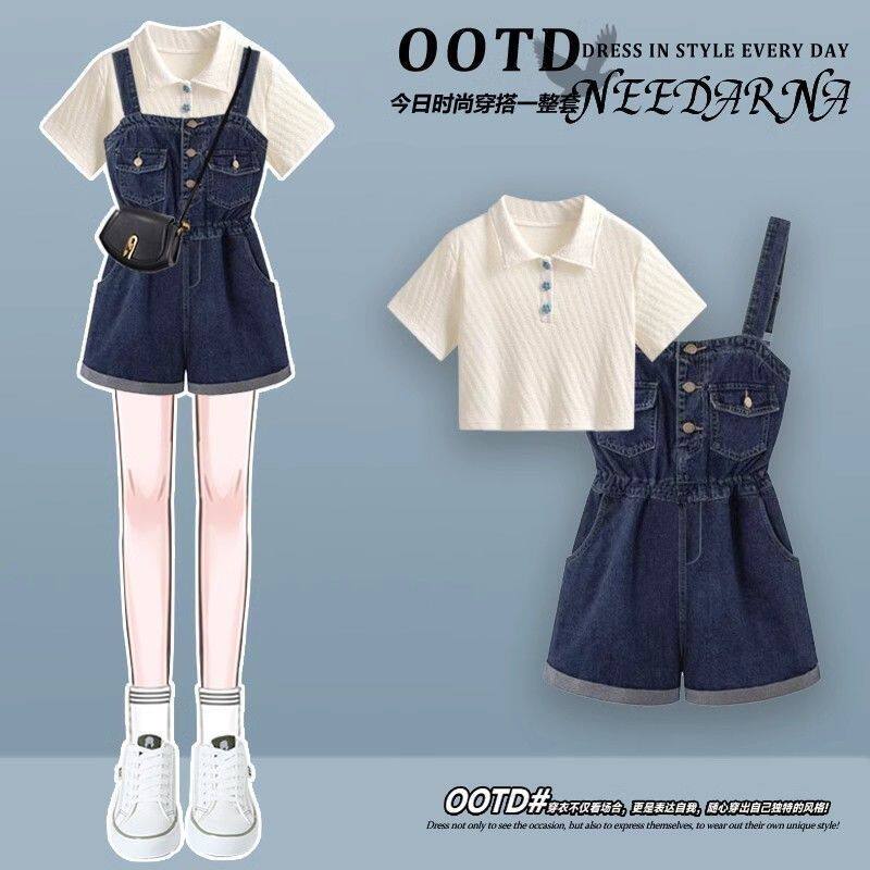 牛仔背带短裤夏季连体新款复古背带裤工装设计感收腰显裤子薄款