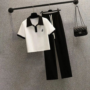 韩版 新款 polo领白色短袖 t恤女 两件套潮 套装 高腰垂感休闲裤 女夏季