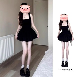 法式赫本风黑色吊带连衣裙子女夏季2025新款小个子气质蓬蓬小黑裙