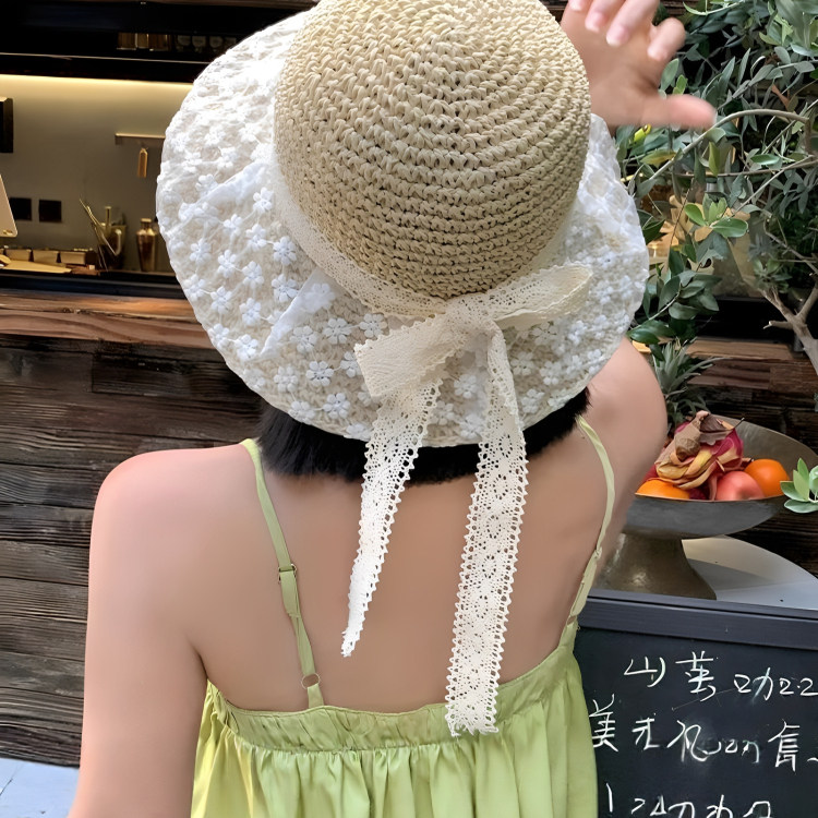 草帽花朵蕾丝遮阳帽夏季出游韩系