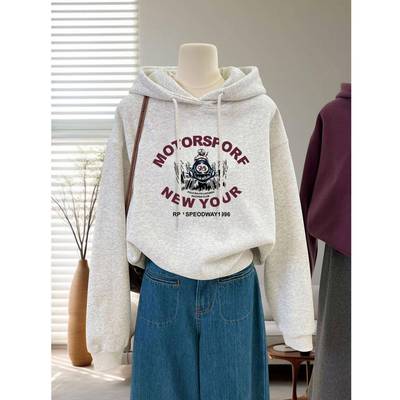 灰色连帽卫衣女加绒2025新款春秋冬薄款美式复古卡通上衣外套短款