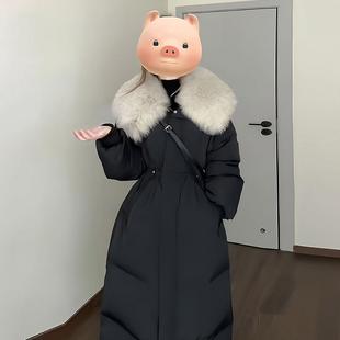 毛领收腰显瘦过膝羽绒棉服 厚外套女冬季 300斤胖mm大码 黑色中长款