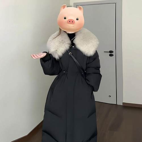 300斤胖mm大码黑色中长款厚外套女冬季毛领收腰显瘦过膝羽绒棉服
