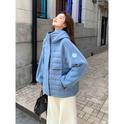 90白鸭绒轻便排骨羽绒服女2025新款短款连帽轻薄蓝色韩国保暖外套