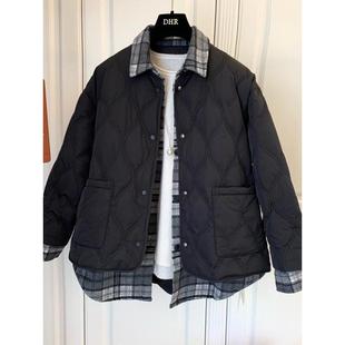 韩版 胖MM300斤秋冬新款 假两件菱格棉服百搭棉衣格子外套2 女装 大码