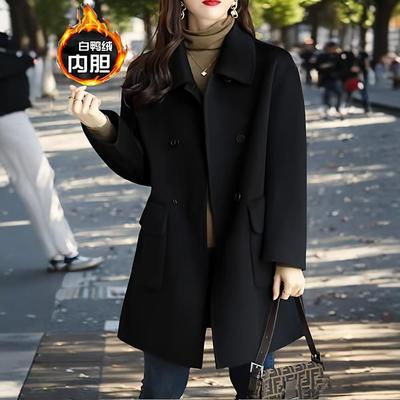 可拆卸羽绒内胆双面羊绒呢子大衣女黑色加厚宽松赫本风羊毛呢外套