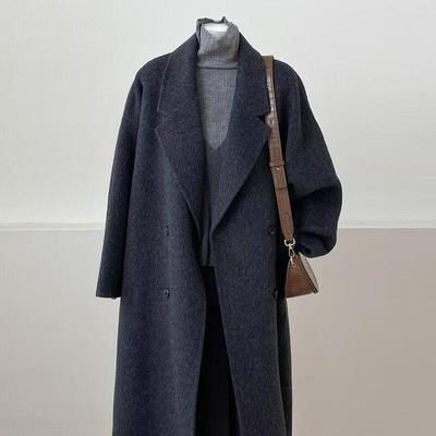 黑灰色双面羊绒大衣女2025秋冬新款宽松显瘦中长款高端羊毛外套