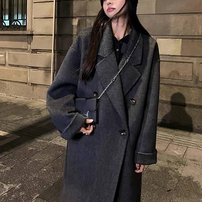 黑灰色双面羊绒大衣女2025秋冬新款韩系宽松中长款高端羊毛呢外套