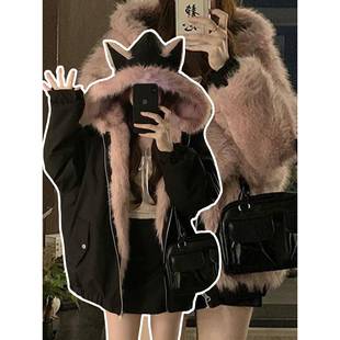 黑色休闲百搭连帽夹克上衣 胖mm双面穿毛绒棉服外套女冬季 大码 女装