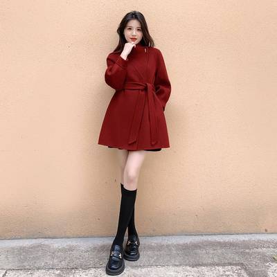 酒红色高端双面羊绒大衣女秋冬2025新款系带修身显瘦羊毛毛呢外套