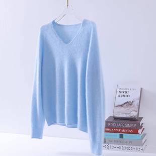 套头毛衣 V领保暖打底衫 高奢无缝一体拉绒羊绒羊毛衫 女蓝色秋冬季