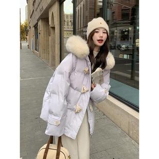 面包 胖mm紫色牛角扣棉服女韩系宽松大毛领加厚连帽面 大尺码 女装