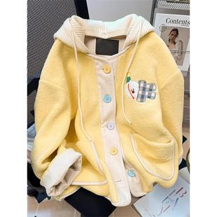 300斤大码 减龄学生连帽外套潮 胖mm甜美可爱奶黄色刺绣棉衣女冬季