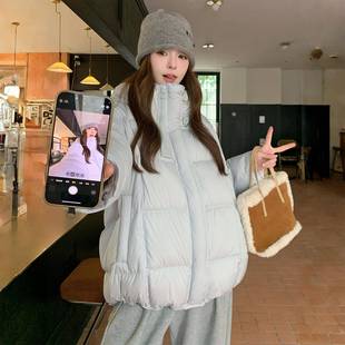 宽松连帽羽绒棉服 胖mm学院风蓝色保暖厚外套女新款 300斤大码 女装