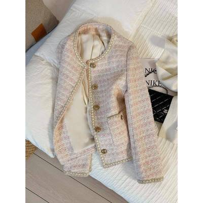 2025秋冬新款花呢流行上衣潮流粉色温柔甜美短款女士运动上衣