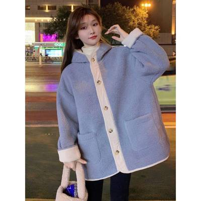 大码女装胖mm冬季韩版宽松显瘦加厚保暖连帽彷羊羔毛棉衣棉服外套