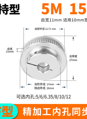 夹持型同步轮5M15齿宽11内孔5 6 6.35 8 1012套装HTCPA5M同步带轮