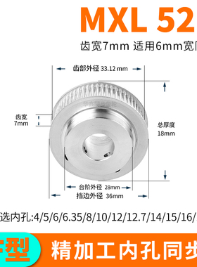 同步轮MXL52齿宽7内孔5/6/8/10/12/14/15同步带轮52MXL25套装定做