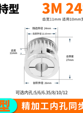 夹持型同步轮3M24齿宽11内孔5 6 6.35 8 1012套装HTCPA3M同步带轮