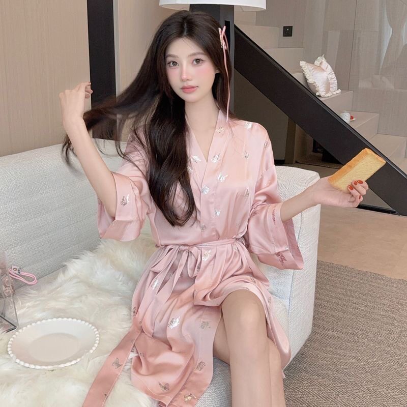 纯欲风睡袍春秋女真丝中袖性感