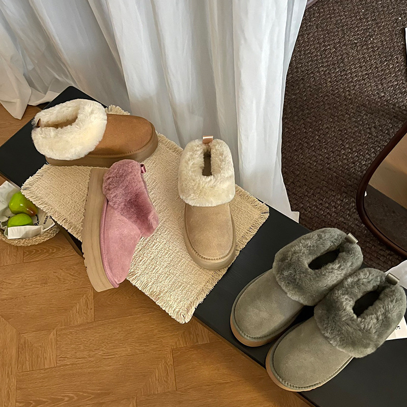 河南桑坡冬季新款塔次勒厚底羊毛雪地靴一脚蹬皮毛一体休闲鞋女鞋