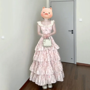 粉色碎花吊带洋装 女夏日绝美温柔风公主蛋糕裙初 4吋套筒扳手袖