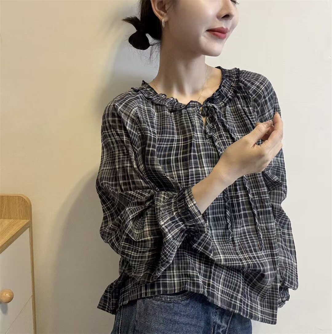 韩系通勤风格子衬衫女2026春夏新款长袖木耳边系带宽松减龄上衣潮