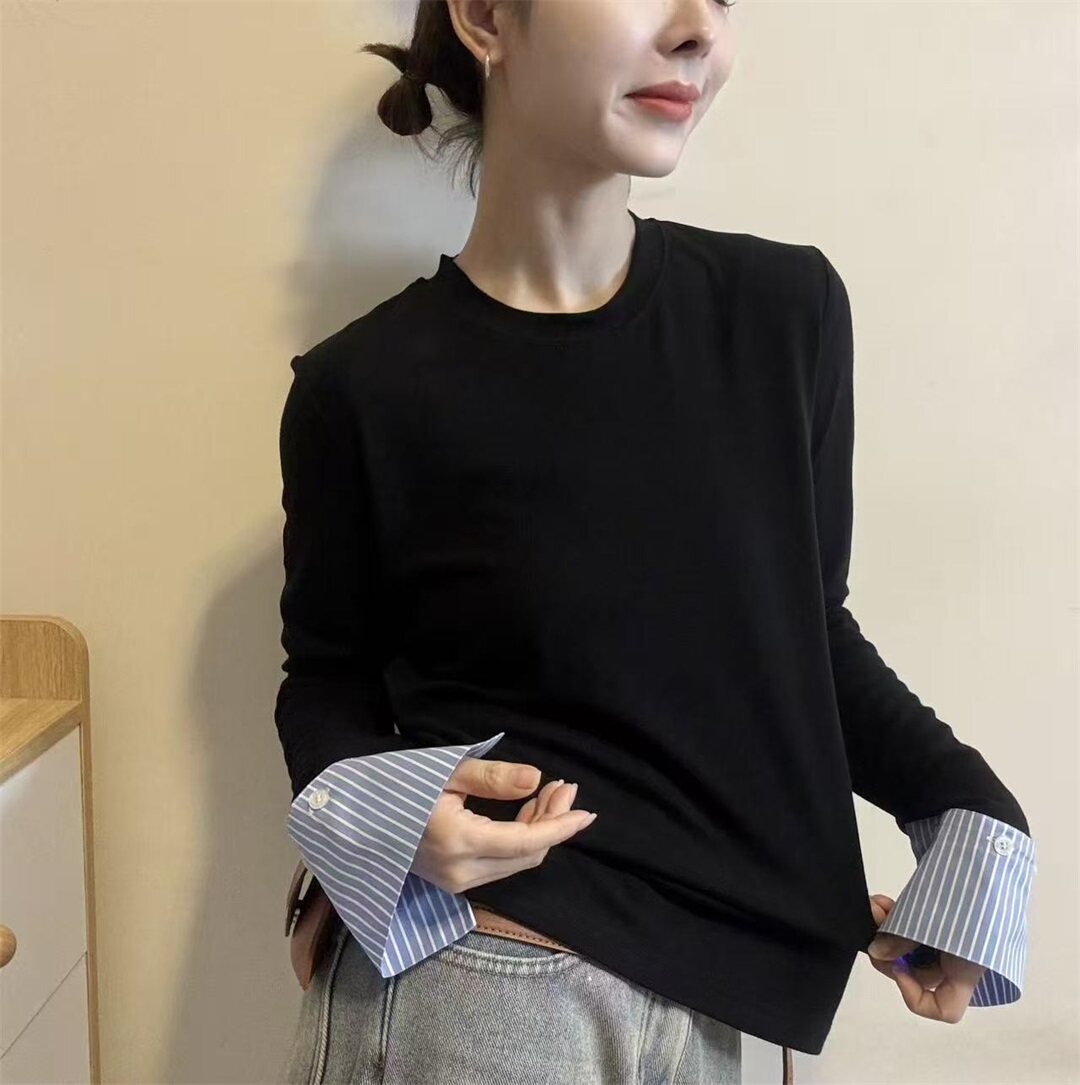 2026春季新款拼接假两件长袖T恤女圆领宽松显瘦打底衫上衣31306