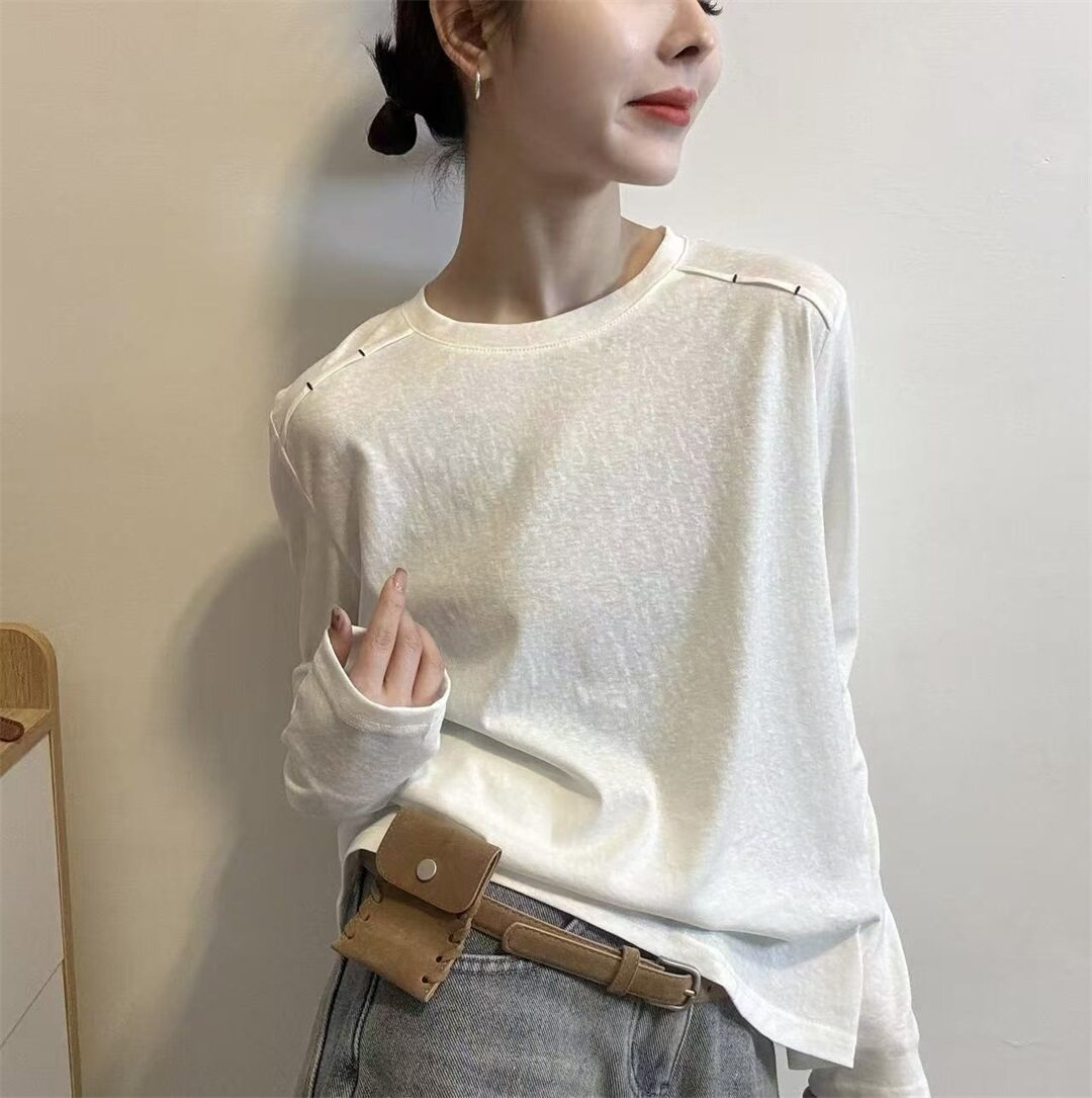 白色长袖T恤女2026春季新款圆领明线设计宽松百搭打底上衣31357