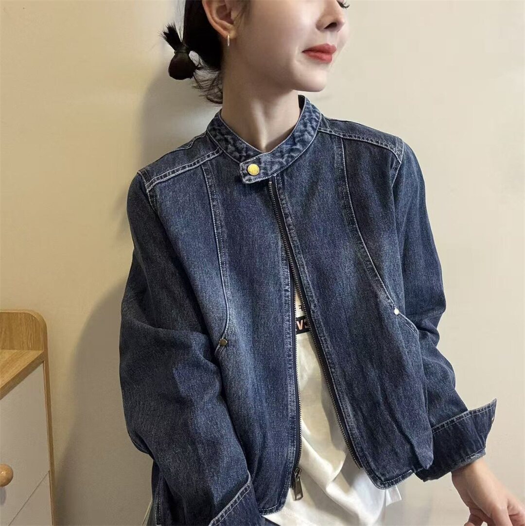 美式复古立领牛仔外套女2026春季新款百搭拉链短款夹克休闲上衣