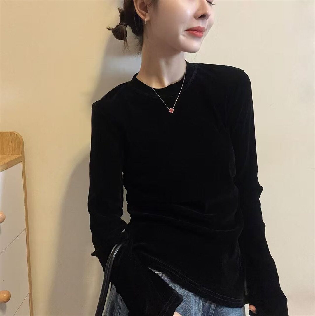 2026春季新款黑色圆领长袖T恤女通勤风修身显瘦打底衫上衣31262