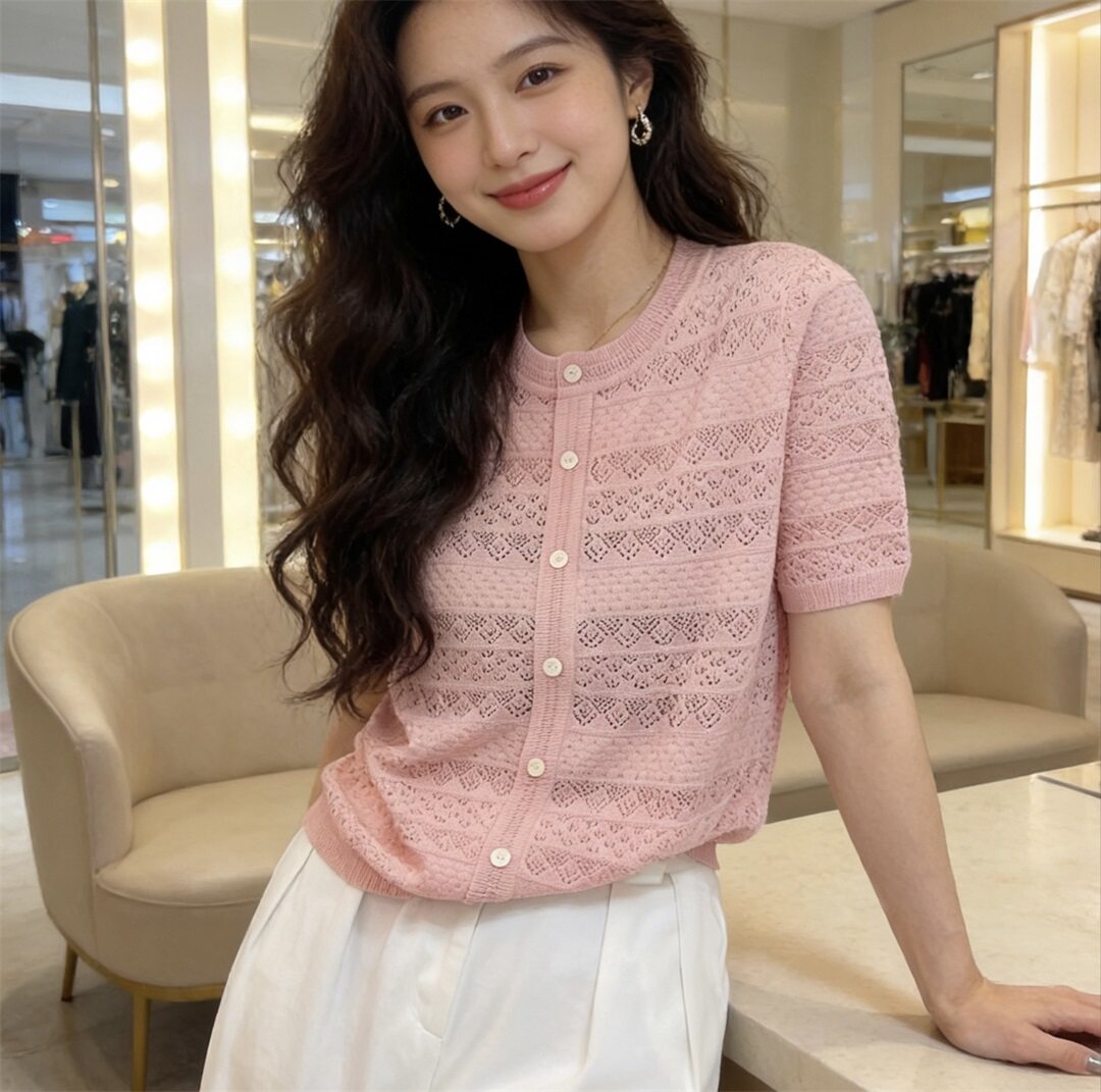 2026春夏韩版镂空针织开衫女短袖圆领扣子宽松显瘦百搭上衣070073
