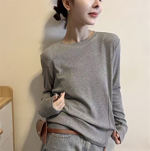 2026春季新款圆领长袖T恤女通勤百搭宽松纯色打底衫内搭上衣31310