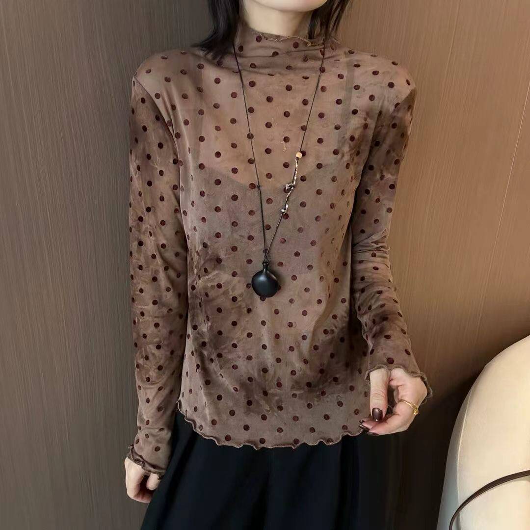 韩系木耳边波点网纱长袖T恤女2026早秋款洋气修身打底衫上衣32855