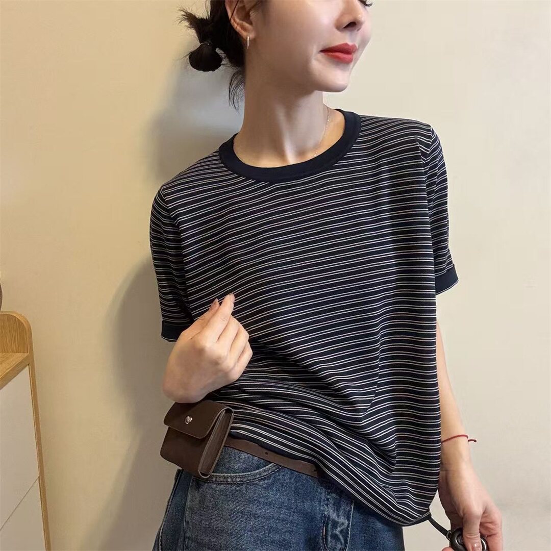 条纹显瘦冰丝针织衫女短袖T恤圆领宽松百搭休闲慵懒风上衣打底衫