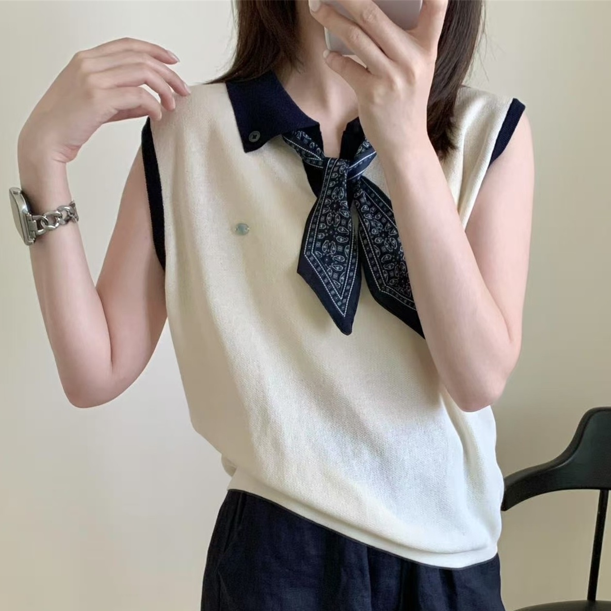 欧洲站2025夏季新款时尚百搭翻领高级感无袖珍珠麻针织衫女潮7298