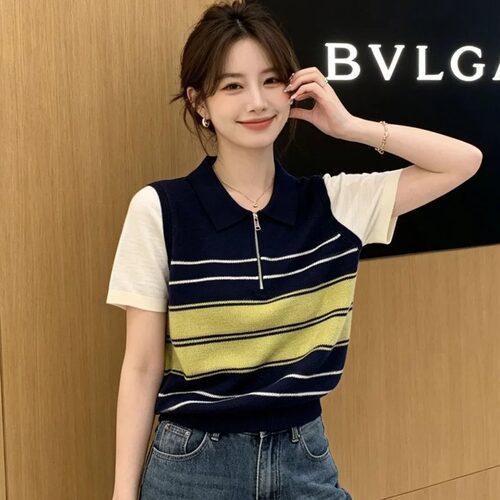 假两件撞色条纹POLO领短袖针织衫女2026夏季显瘦半拉链上衣dp1075