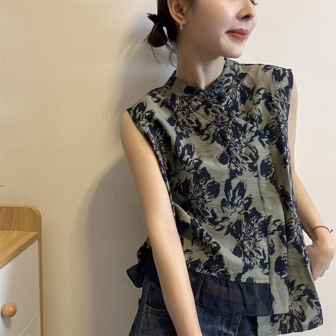 特新中式立领无袖印花上衣女2026夏季新款高级感花卉复古气质小衫