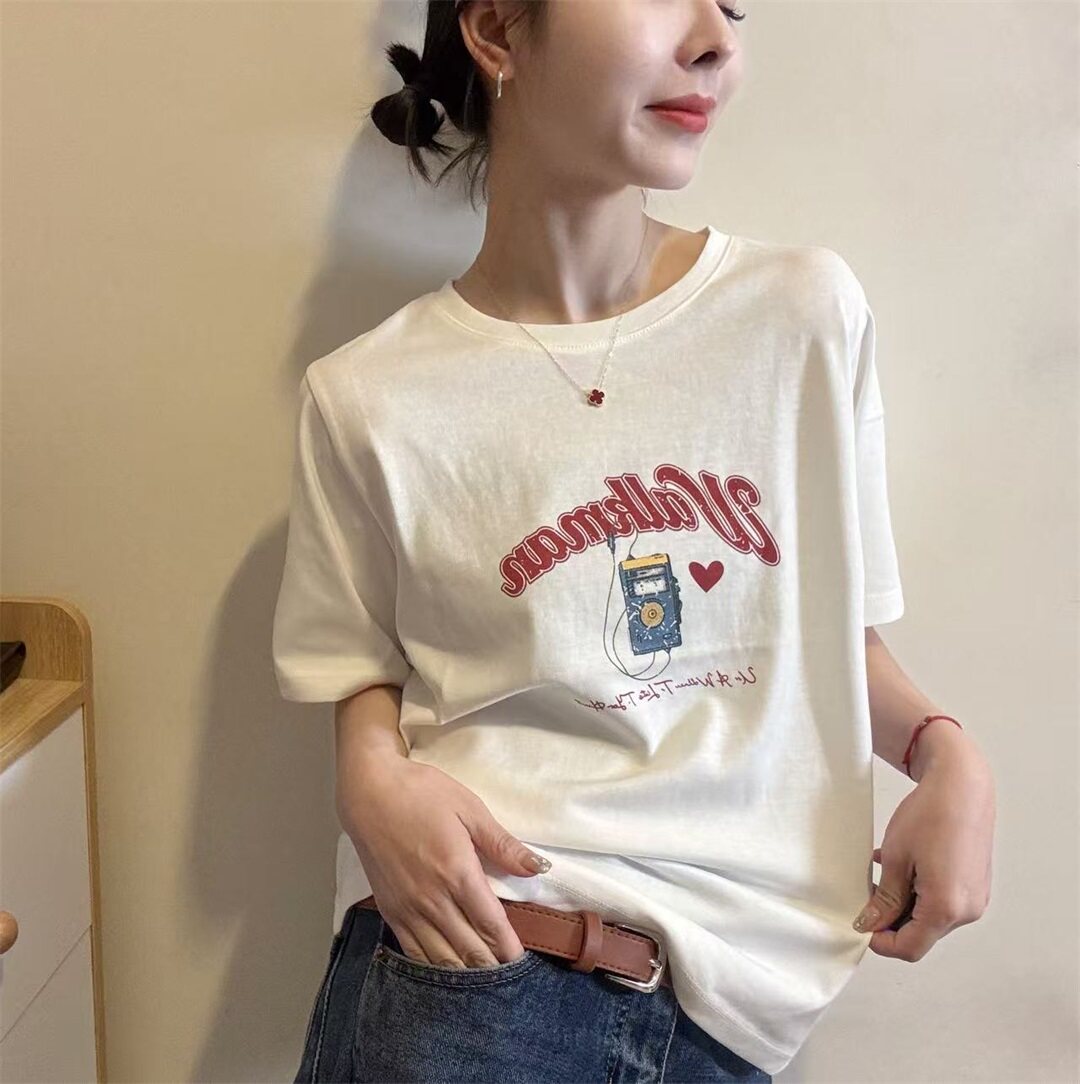 2026春季新款卡通风字母印花短袖T恤女白色圆领宽松显瘦百搭上衣