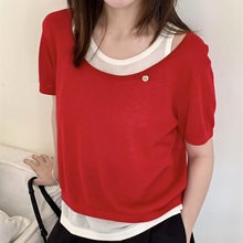 2025早秋款时尚圆领高级感假两件珍珠麻针织衫女欧洲站上衣22-021