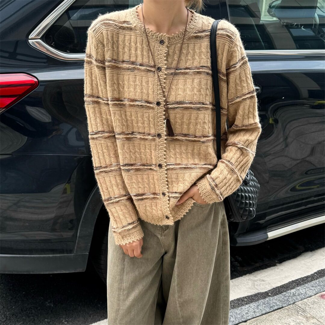条纹针织衫外套女2026早秋新款圆领开衫长袖纽扣毛衣上衣ys97051