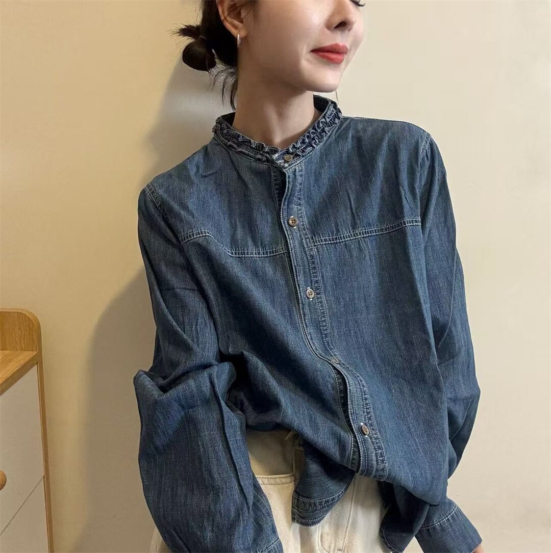 韩版时尚木耳边立领牛仔衬衫女2026春季新款长袖宽松百搭显瘦上衣