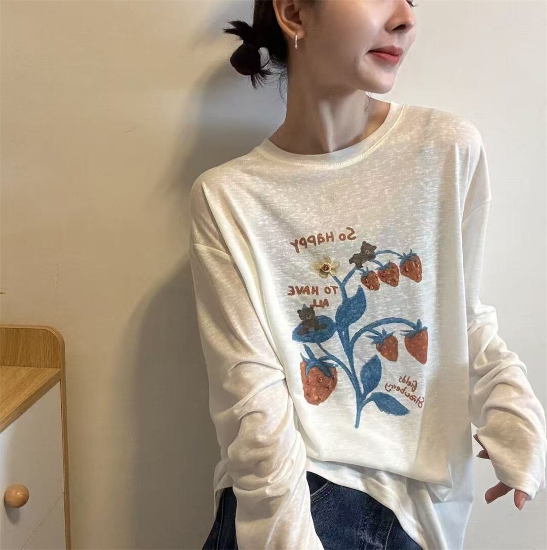 休闲风草莓印花薄款长袖T恤防晒罩衫女2026夏季新款宽松上衣32252